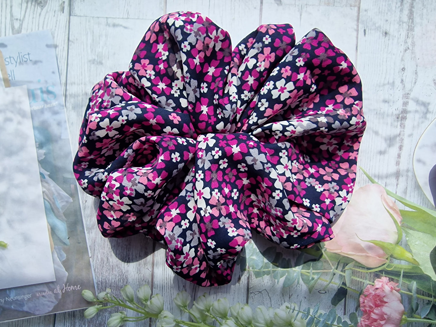 Navy and Pink Floral Georgette Scrunchie