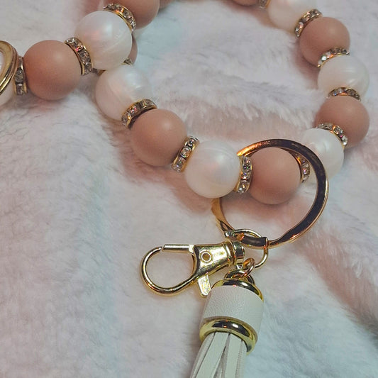 Key Ring Wristlet - Pink, White, Diamante