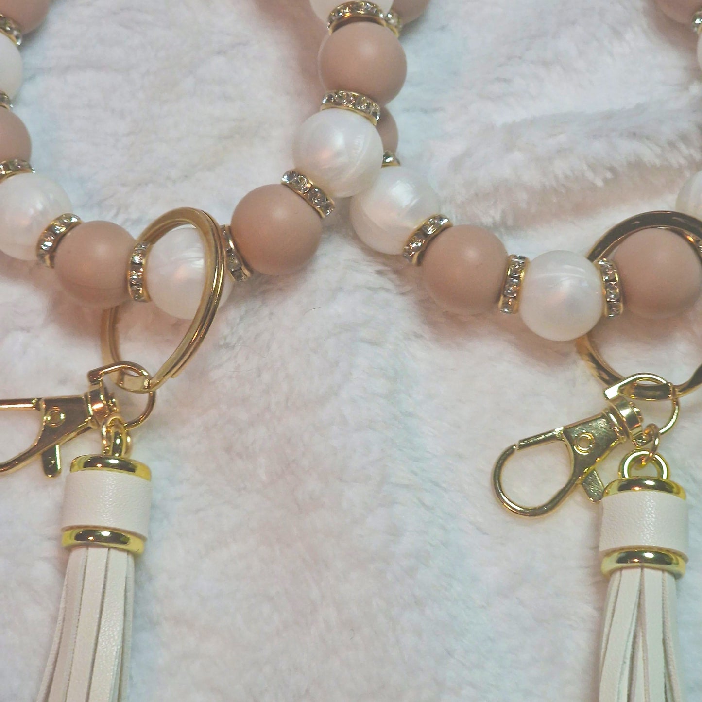 Key Ring Wristlet - Pink, White, Diamante