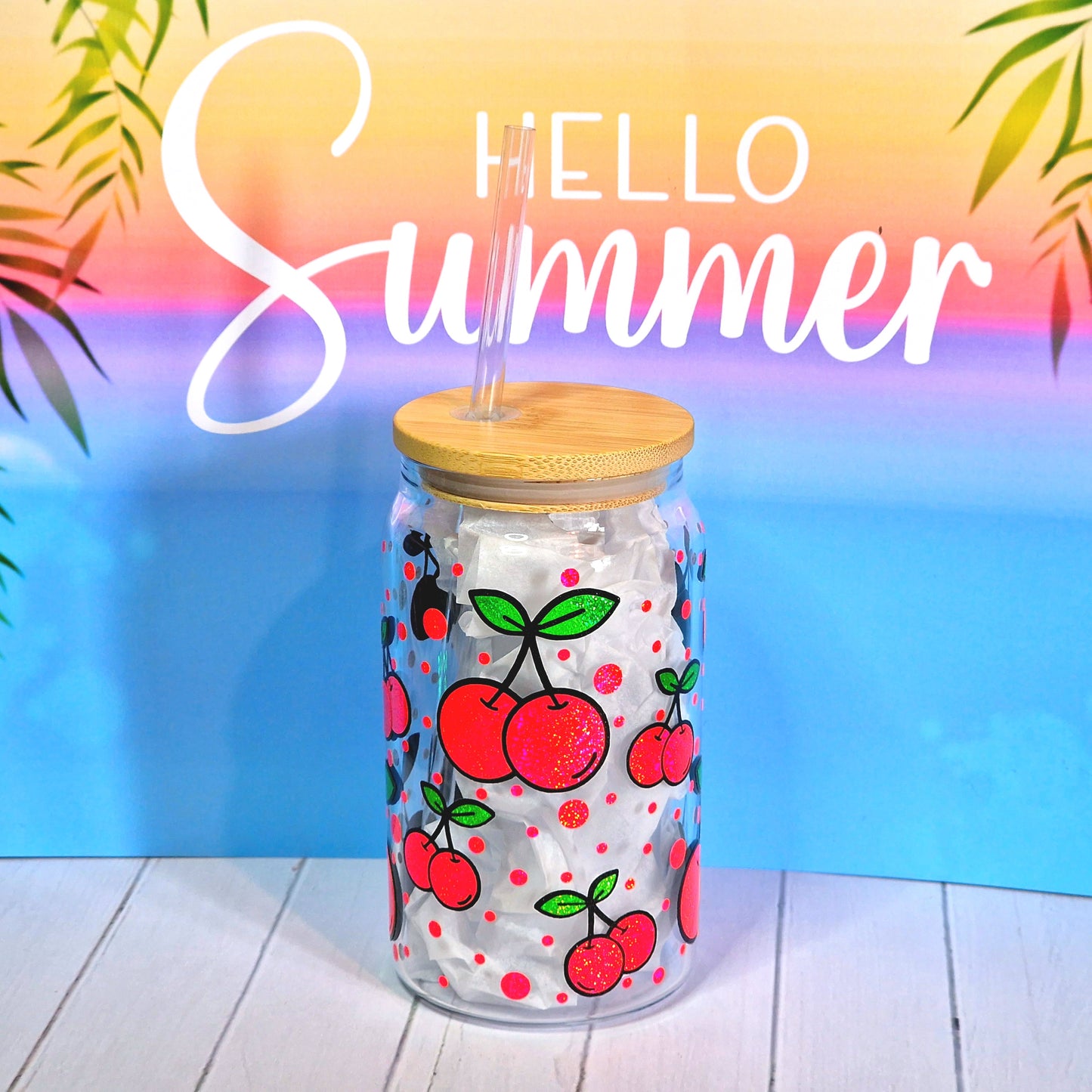 16oz Summer Glass Can With Lid & Straw - Cherries