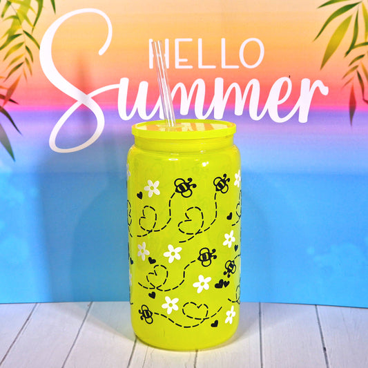 16oz Summer Neon Yellow Glass Can With Lid & Straw - Bees