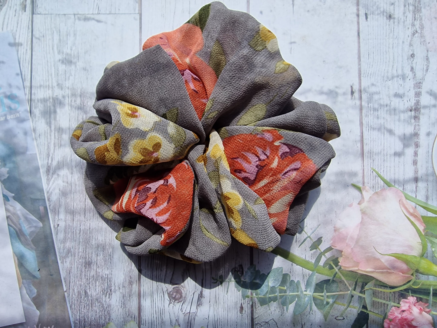 Grey Floral Chiffon Scrunchie