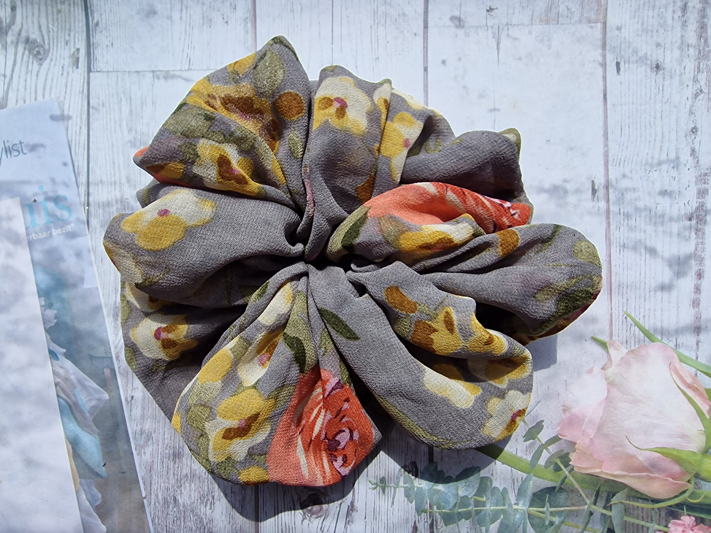 Grey Floral Chiffon Scrunchie