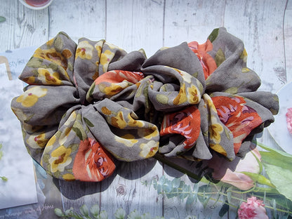 Grey Floral Chiffon Scrunchie