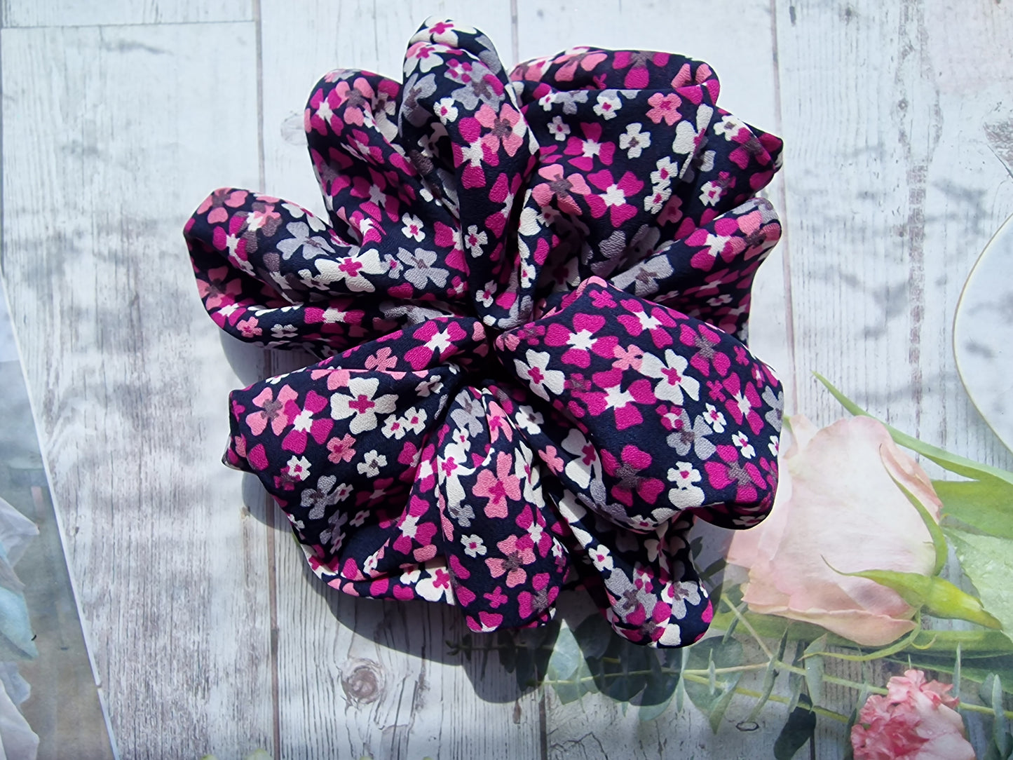 Navy and Pink Floral Georgette Scrunchie