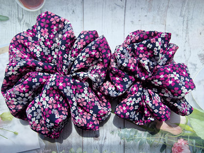 Navy and Pink Floral Georgette Scrunchie