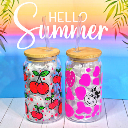 16oz Summer Glass Can With Lid & Straw - Cherries