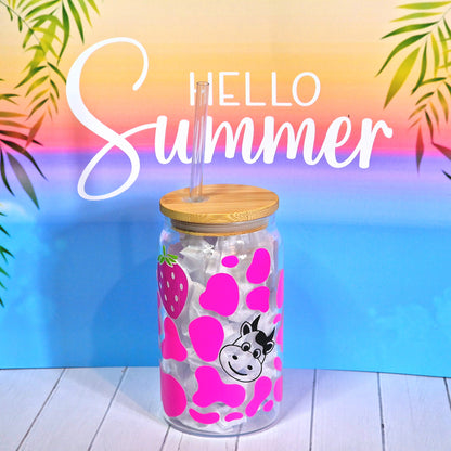 16oz Summer Glass Can With Lid & Straw - Strawberry Cow - Colour Changing