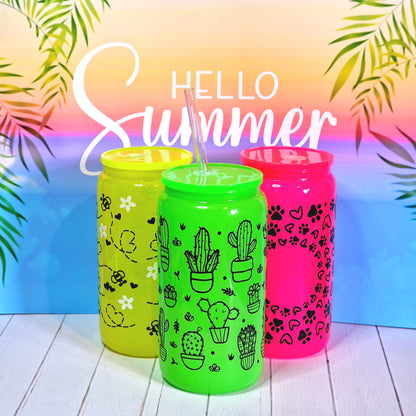 16oz Summer Neon Green Glass Can With Lid & Straw - Cactus