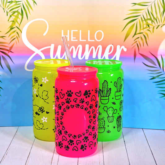 16oz Summer Neon Pink Glass Can With Lid & Straw - Paws & Hearts | Personalised