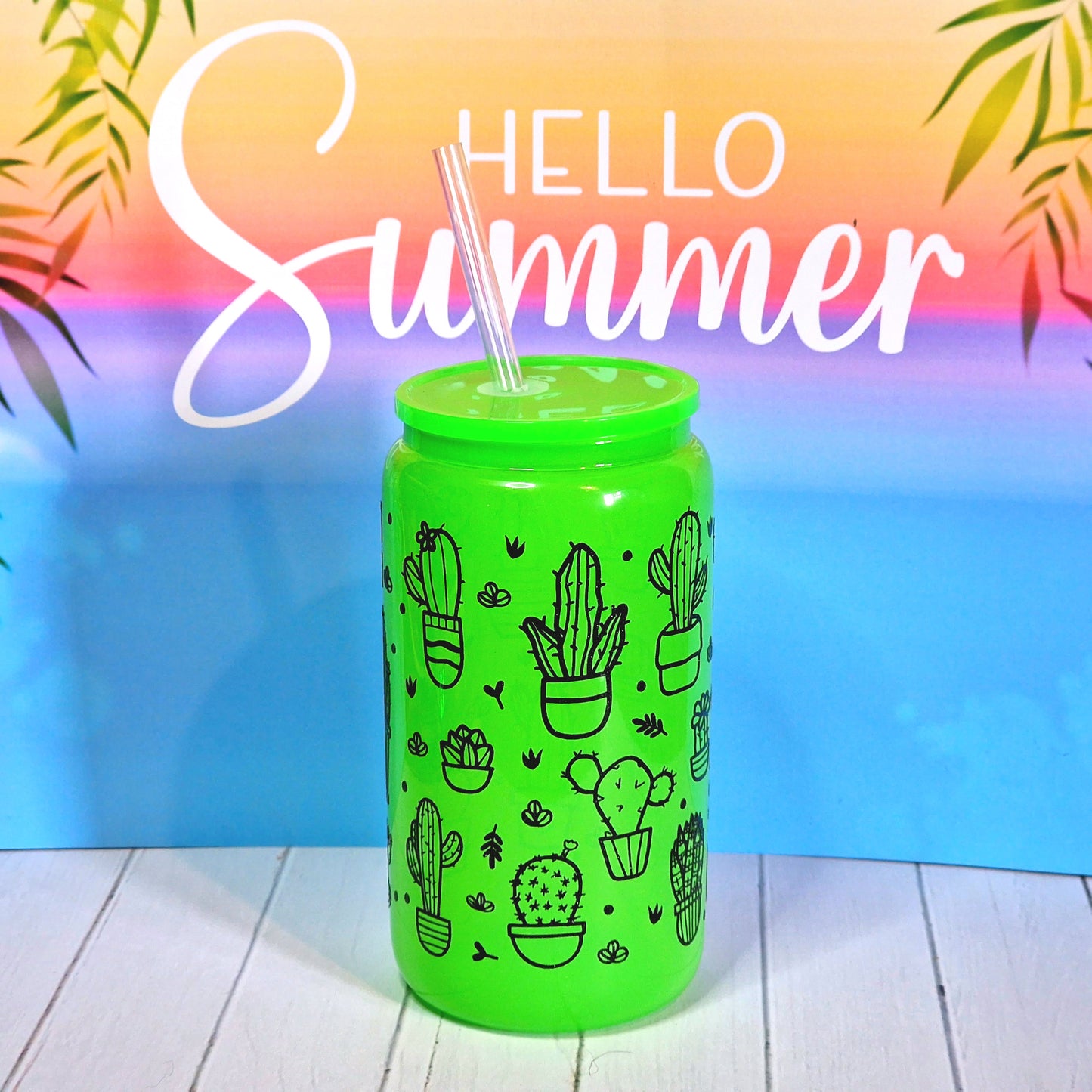 16oz Summer Neon Green Glass Can With Lid & Straw - Cactus