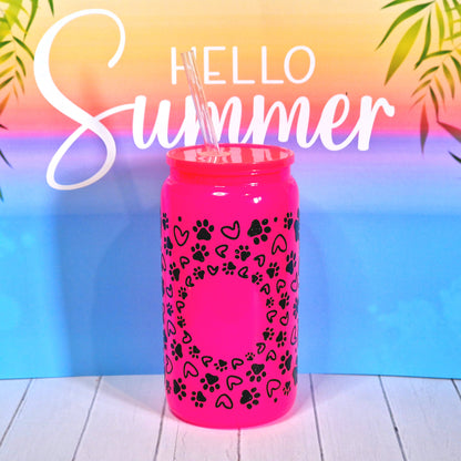 16oz Summer Neon Pink Glass Can With Lid & Straw - Paws & Hearts | Personalised