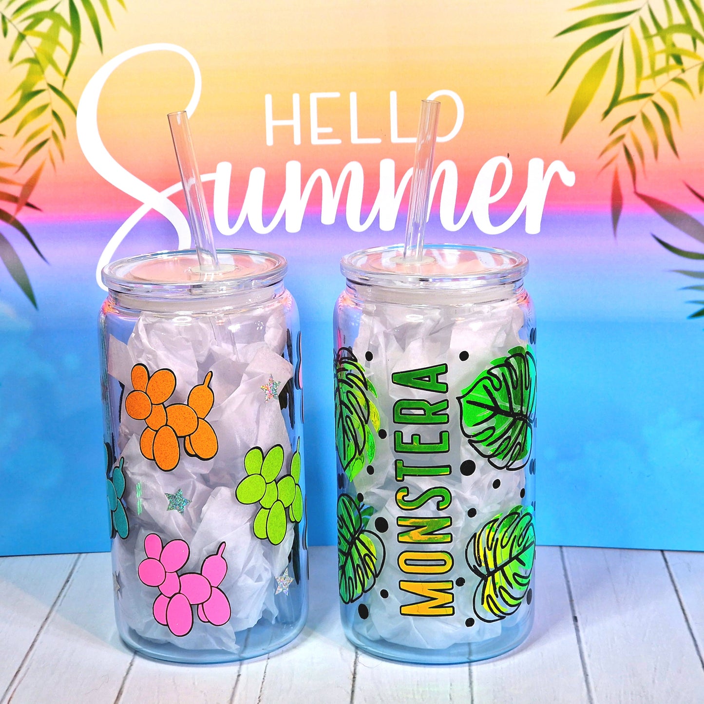 16oz Summer Ombre Glass Can With Lid & Straw - Balloon Dogs