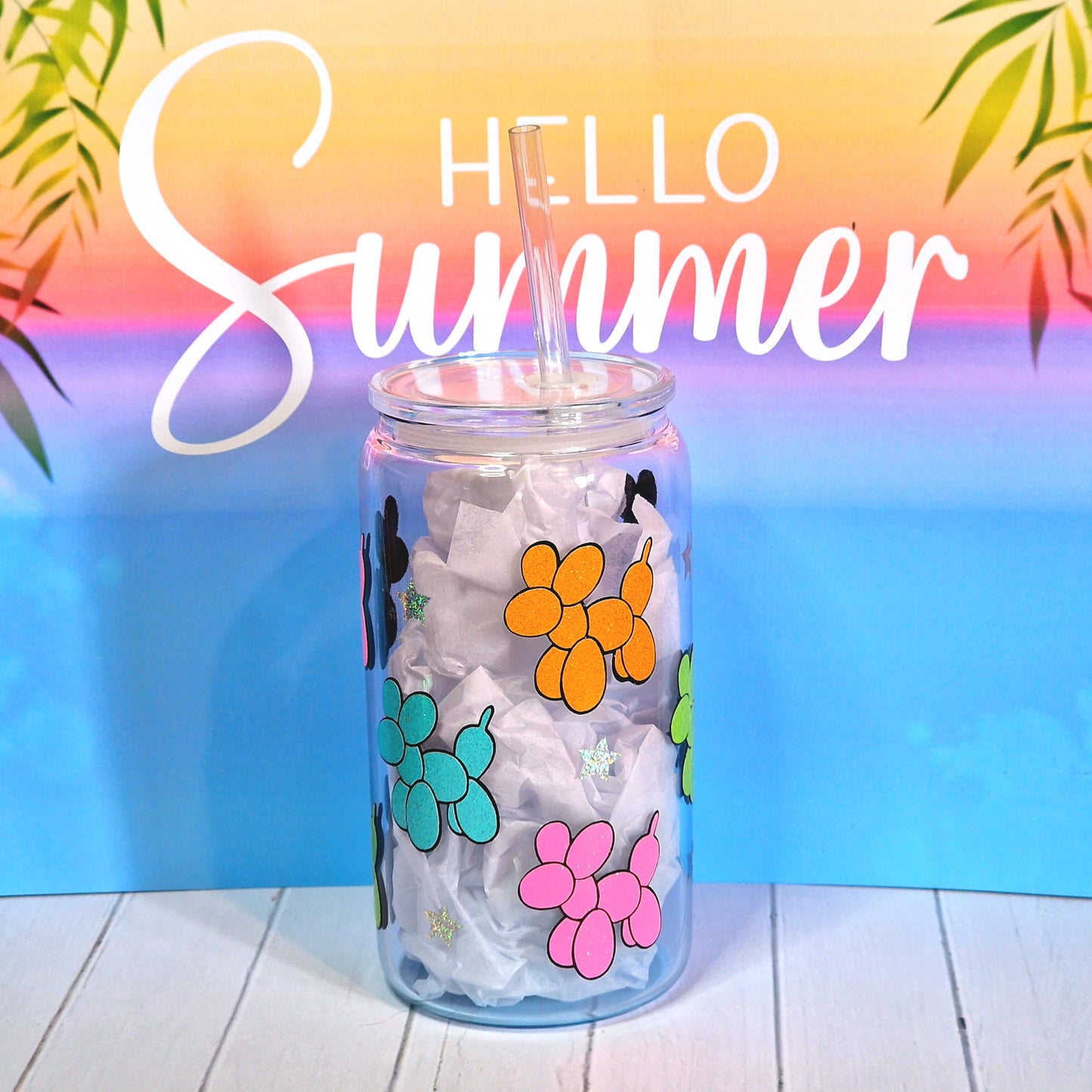 16oz Summer Ombre Glass Can With Lid & Straw - Balloon Dogs