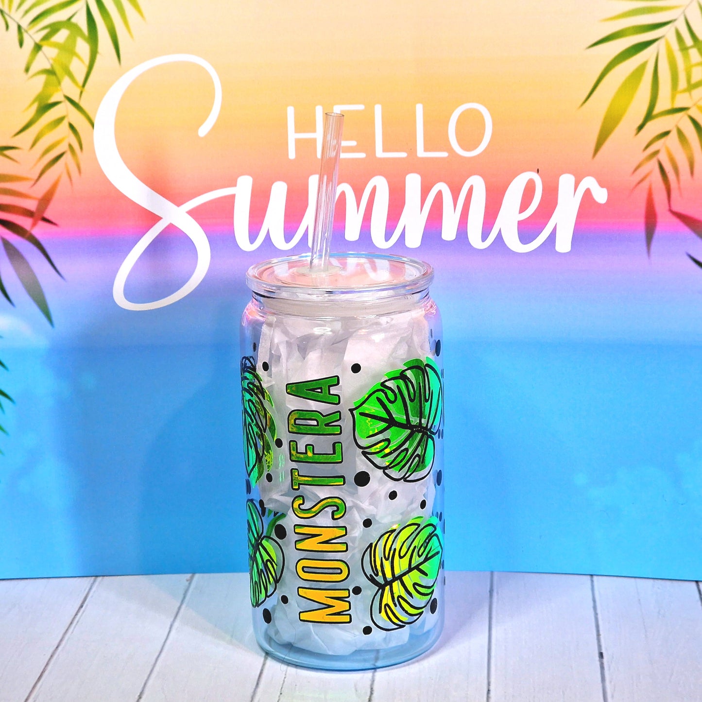 16oz Summer Ombre Glass Can With Lid & Straw - Monstera