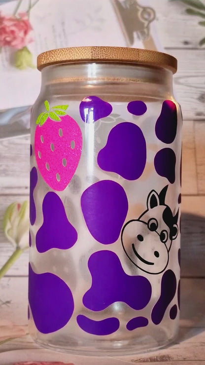 16oz Summer Glass Can With Lid & Straw - Strawberry Cow - Colour Changing