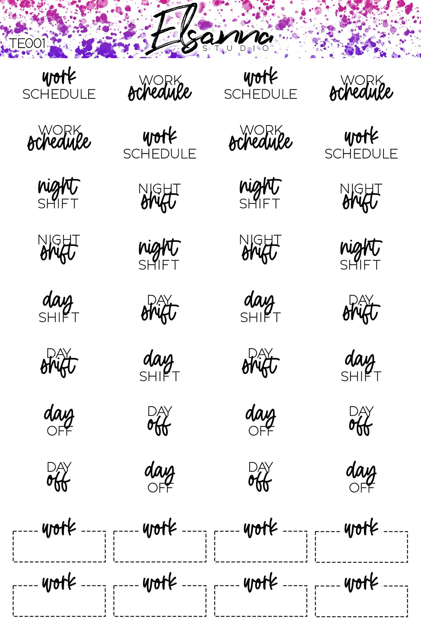 Word Stickers | Script Stickers | Planner Scripts | Work Schedule